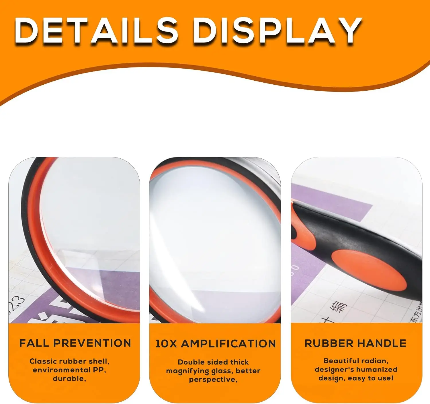 Magnifying Glass Handheld 10x Kids Seniors Reading Exploration Non-Slip Shatterproof 50/65/75/100mm