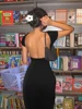 Nibber solide Sexy dos nu robe Maxi femmes élégant élastique mince à manches courtes robes longues femme moulante vêtements de rue