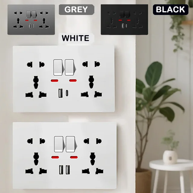 Universal Wall Socket with USB-C USB Charger & Switches, 2 Gang Power Outlet With LED, Flush Mount, AC 110-250V 1