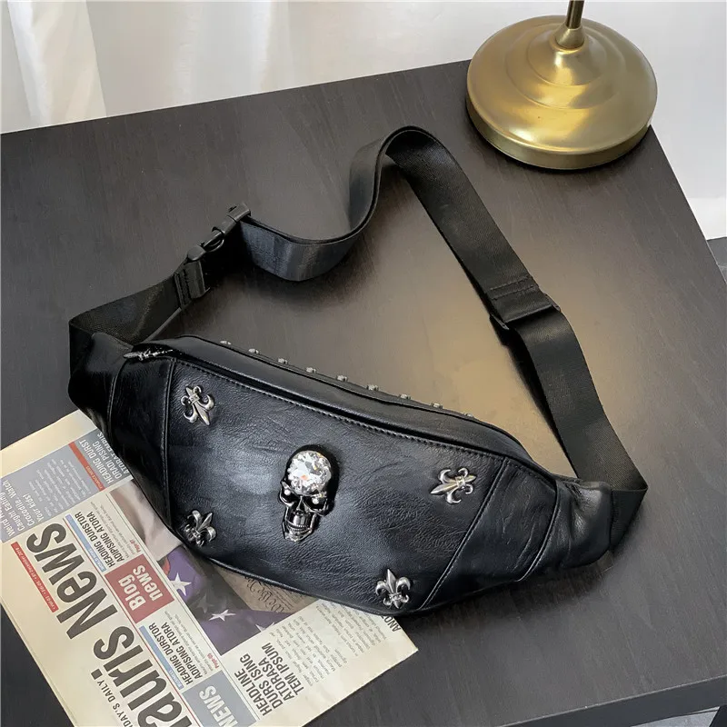 

Men's Skull Chest Bag Rivet Fanny Pack Women Waist Belt Bags Pu Leather Sports Individual Shoulder Men Messenger Bags