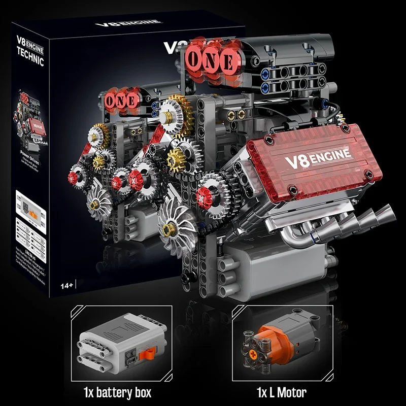 Brick V8 Engine Motorized Simulation Model Electrically Drive Building Blocks Technical Car Parts Creative Toys Gifts_voghion.com