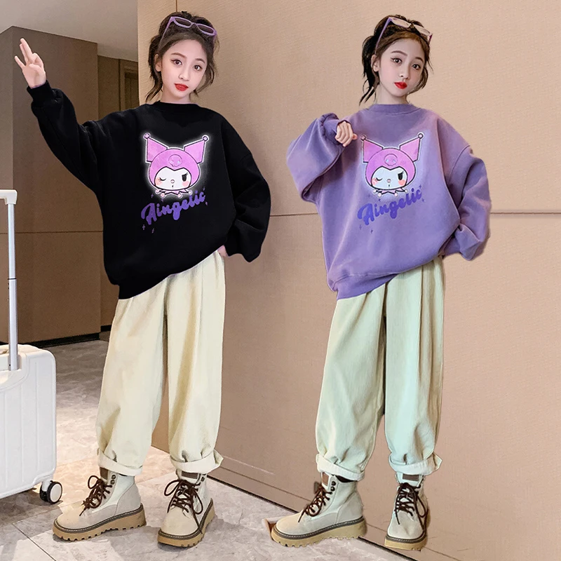 

Детская бархатная Толстовка Sanrio Kuromi Plus с рисунком аниме, Осень-зима, для детей среднего и старшего возраста, спортивная одежда для отдыха, кавайная детская одежда для девочек