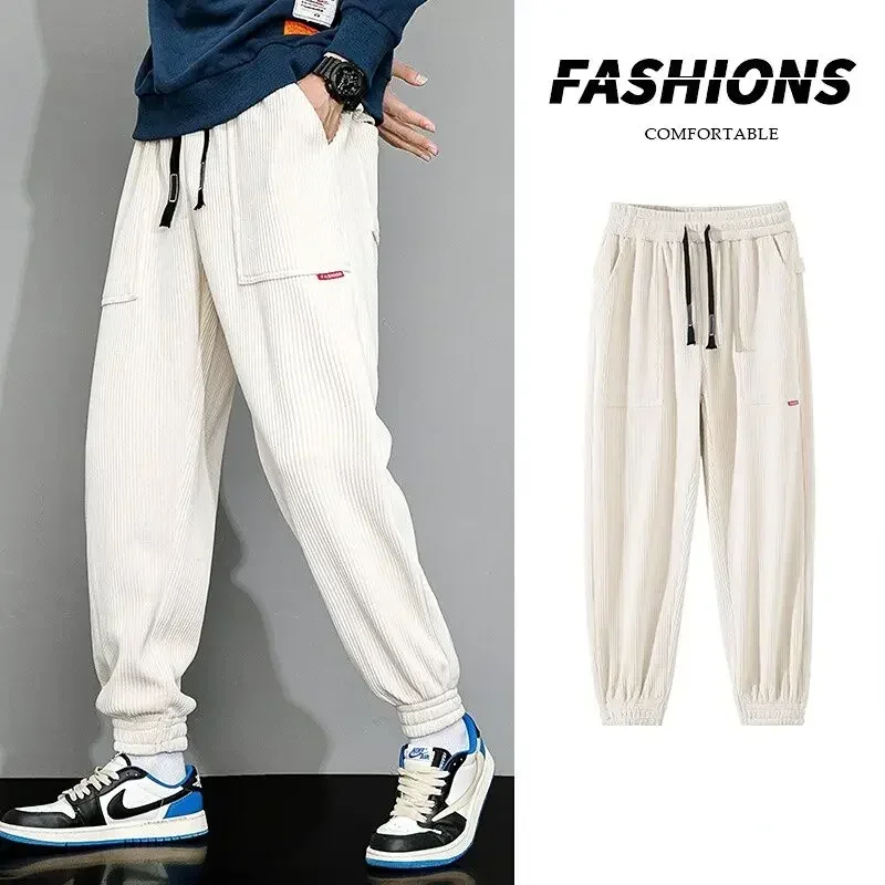 Men's Casual Joggers Tie Pants Solid Oversized Man Street Pants Sweatpants Spring Autumn Loose Corduroy Pants Men Oversize 8XL