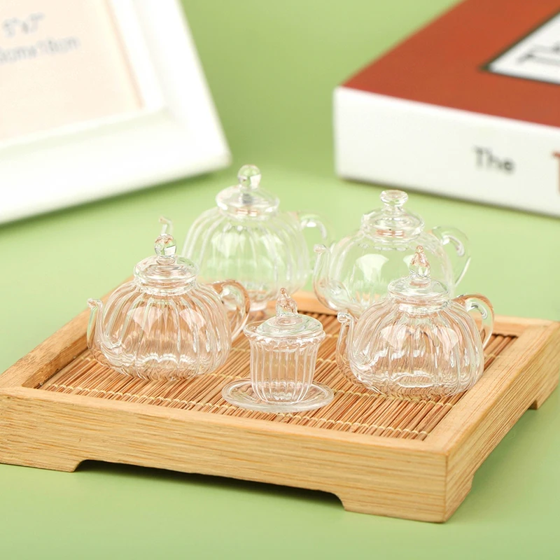 

1:12 Dollhouse Miniature Furniture Mini Glass Teacup Flat Bottom/High Foot Teapot Vase Kitchen Furniture Decor Toy