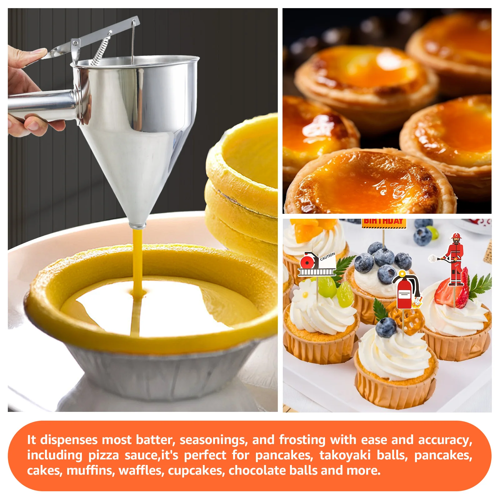 Batter Dispenser Stainless Steel Funnel Dispenser with Lid and Holder Cupcake Pancake Batter Maker Kitchen Baking Tool
