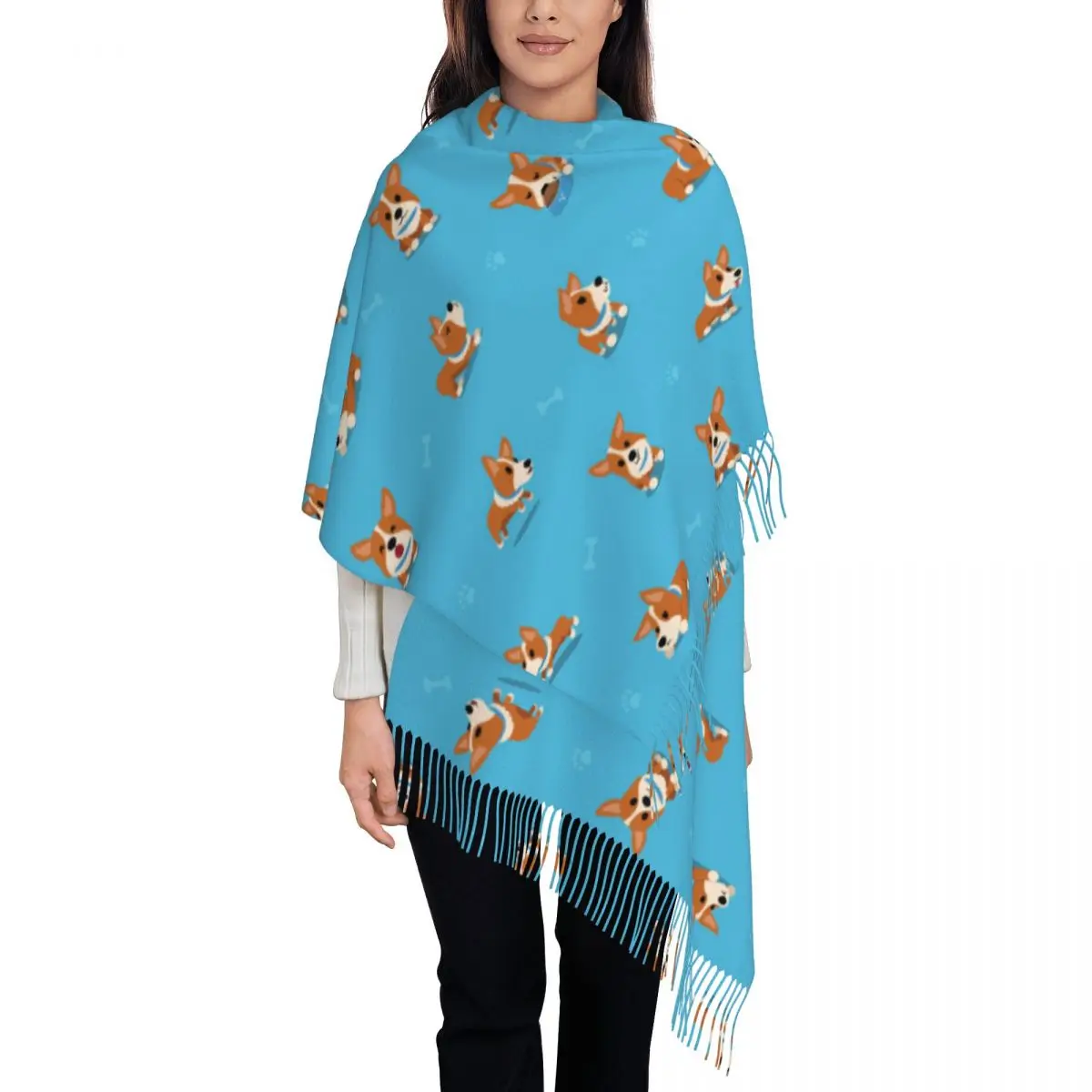 

Cartoon Corgi Dog Scarf for Women Warm Winter Shawls and Wrap Cute Dogs Long Scarves with Tassel Lightweight