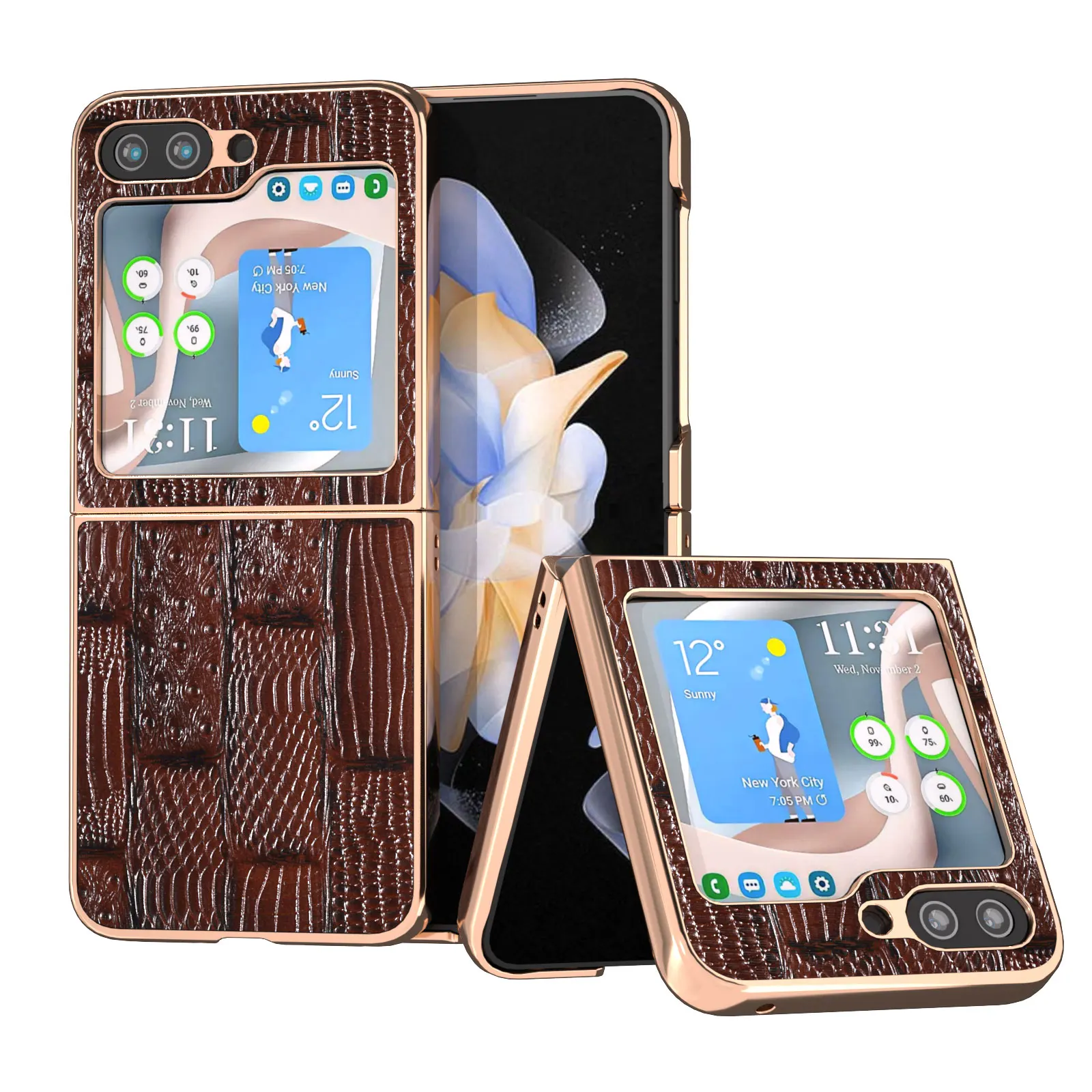 

Genuine Leather Case For Samsung Galaxy Z Flip 5 4 3 Flip5 Flip4 Alligator Splicing Grain Glossy Electroplated Frame Armor Cover