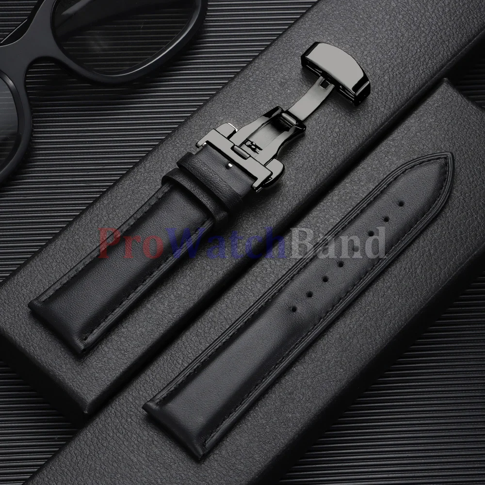Elegant Leather Watch Band with Gold Butterfly Buckle - Soft Black & Brown Wristbelt