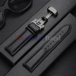 Elegant Leather Watch Band with Gold Butterfly Buckle - Soft Black & Brown Wristbelt - 17mm (Black - Black)
