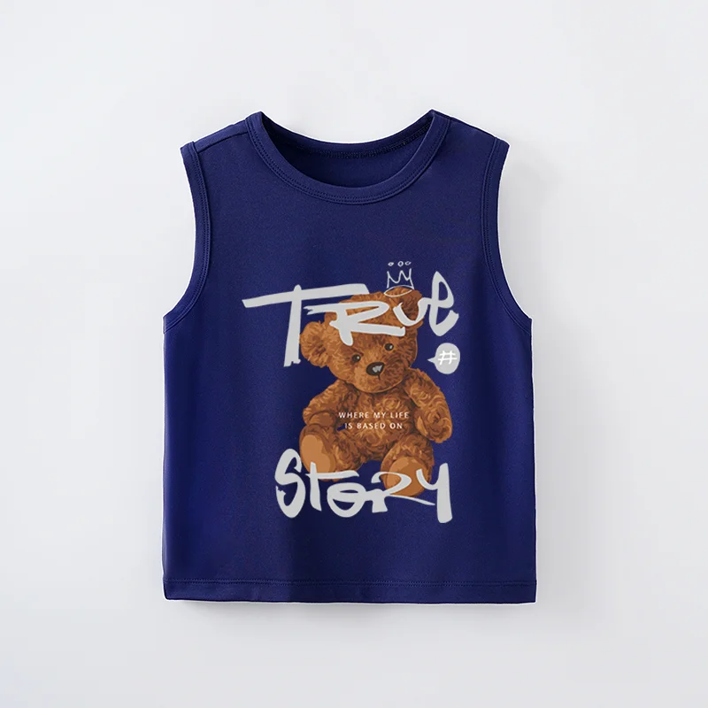 Baby Cute Cartoon Brown Bear Children's Tank Top Boys And Girls Blue Summer Sleeveless T-Shirt Preschool