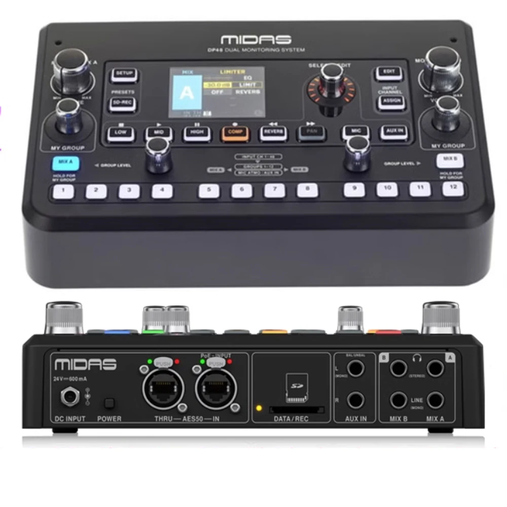 Midas DP48 4 듀얼 48 채널 개인 모니터 디지털 믹서, SD 카드 녹음기, 스테레오 앰비언스 마이크, 원격 전원