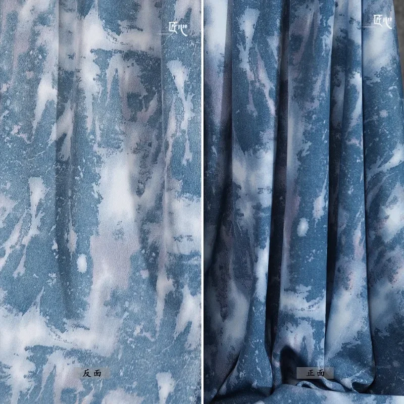Blue Printed Fabric Cotton Material Retro Hanfu Dress Longuette Designer Apparel Sewing Fabric Cloth Diy Material