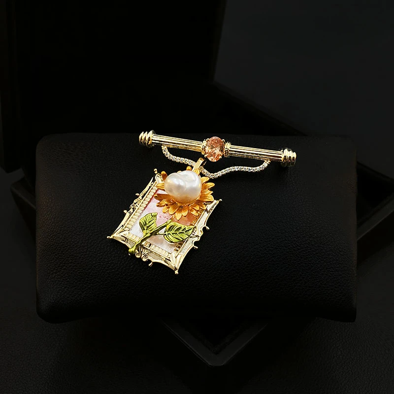 Baroque Pearl Sunflower Brooch Men Women Pin Corsage Oil Painting Design Sense Clothes Neckline Accessories Jewelry Gifts 5585