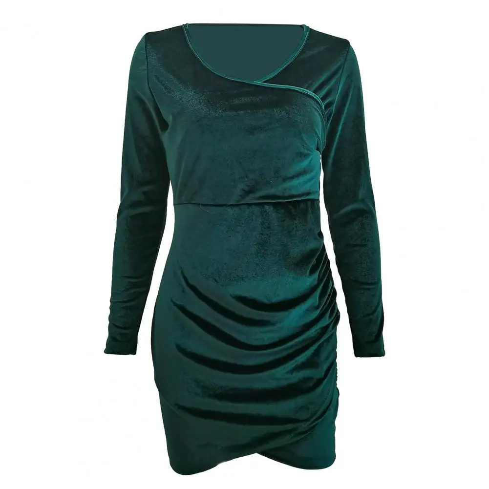 

High Waistline Slim Fit Dress Elegant V-neck Pleated Mini Dress for Women Slim Fit Solid Color Long Sleeve Sheath Dress