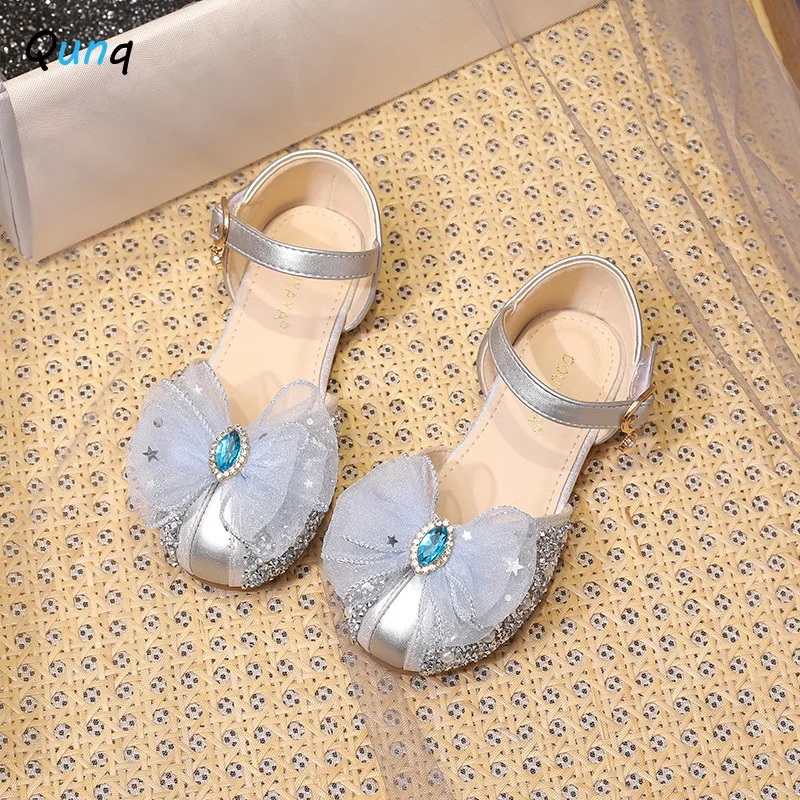 Qunq Kids Lace Bow Sequins Sandals Fashion Girls Rhinestone Flat Princess Sandals Children's Pearl Cute Dance Single Shoes