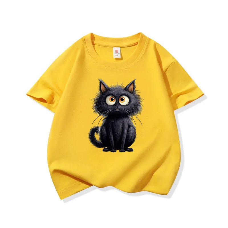 Adorable Black Cat Graphic Kids' Cotton Tee - Soft, Breathable Short Sleeve Shirt