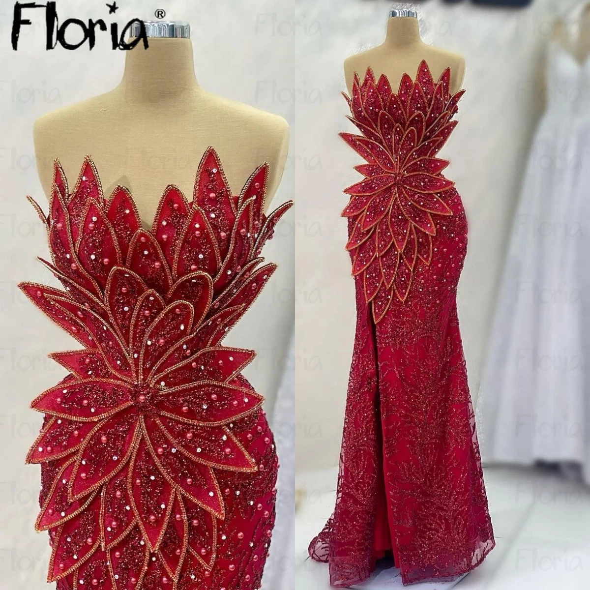 

Floria 5D Leaf Crystals Long Evening Dress 2024 Women Engagement Dress for Wedding Party Dubai Prom Gowns Dinner Night Robes