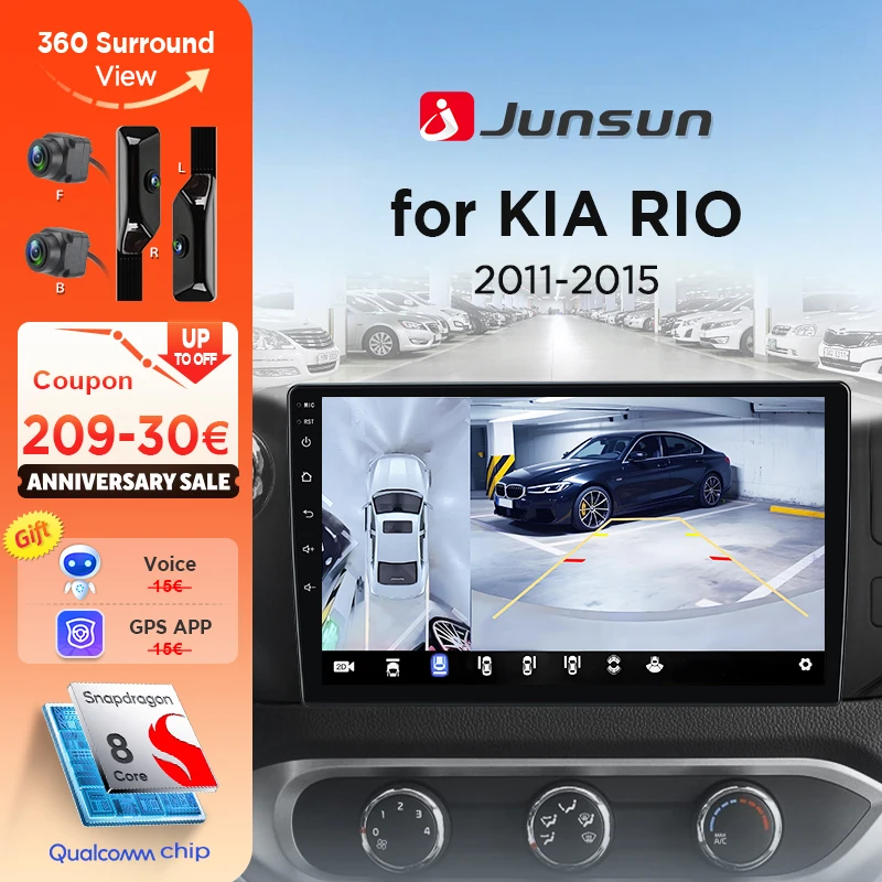 Junsun 8-Kern 360 ° Kamera-Autoradio für Kia RIO 4 K3 2011-2015, kabelloses CarPlay, Bildschirm, Android Auto, Stereo, GPS-Navigation, RDS, 4G, WLAN
