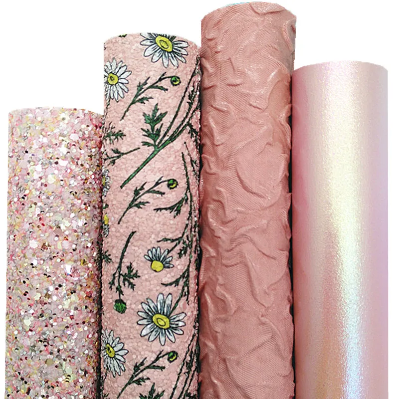 

Pink Chunky Glitter Leather Flowers Printed Glitter Synthetic Leather Winkles Faux Vinyl Leather Sheets For Bow DIY 21x29CM Q899