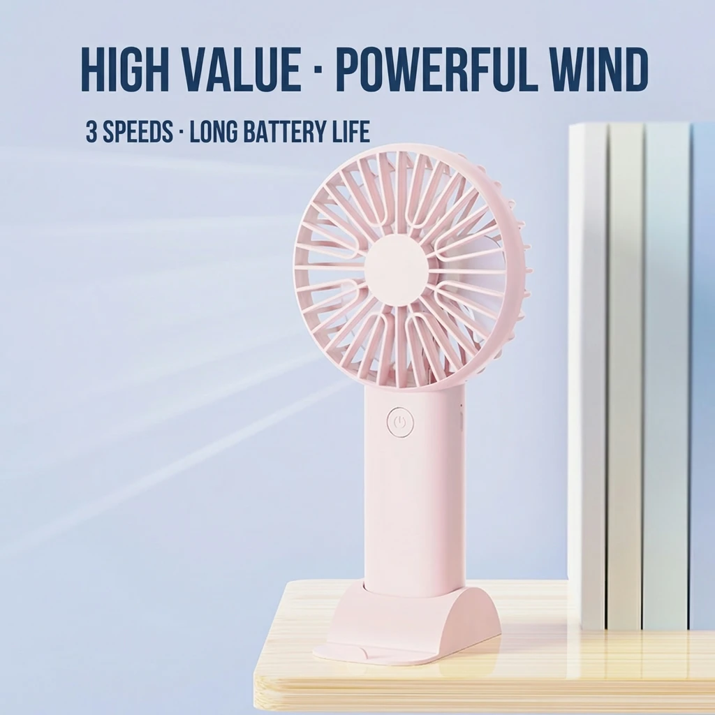Compact Portable Fan with Stand - USB Rechargeable, Quiet 3-Speed Personal Cooling Solution for Office, Travel, and Outdoor Use