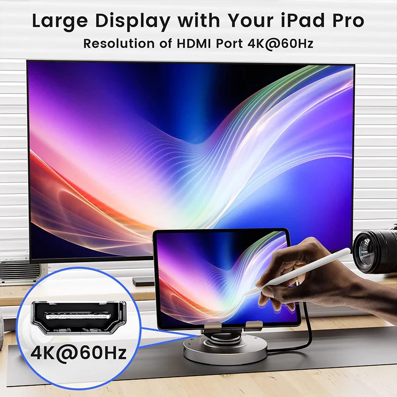 멀티 USB C 허브 360 회전 스탠드, 아이패드 프로 태블릿 C441 용, HDMI 4K 60Hz PD 100W USB 5Gbps SD TF Aux 3.5mm, 8 in 1