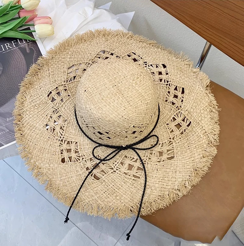 Summer Women'S Flap Beach Hat Bow Hollow Large Brim Sun Shade Sunscreen Raffia Straw Hat Women'S Handmade Straw