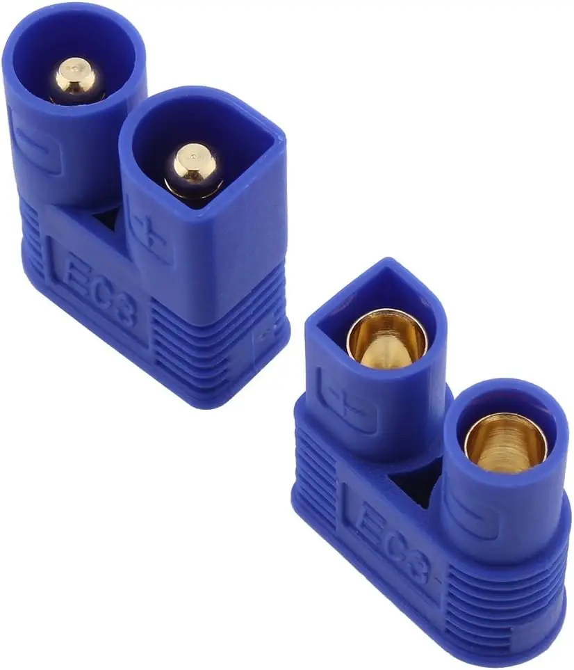 Les connecteurs EC3 femelle et mâle pour batteries Lipo RC, disposés en rangée, montrant leur design compact.