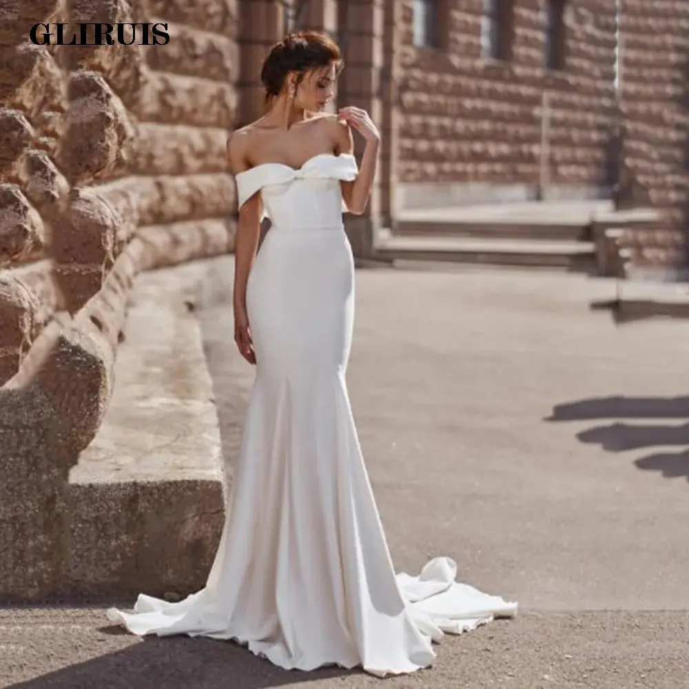 

2022 Mermaid Satin Bridal Gown Sweetheart Off The Shoulder Short Sleeves Wedding Dresses Sexy Backless Brides Dress Vestido