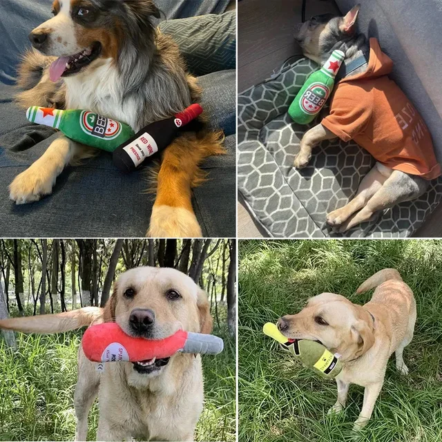 Funny Plush Dog Toys Beer Bottle Shaped Small Large Dogs Squeak Sound Clean Teeth Chew Toy Pets Interactive Playing Supplies 2