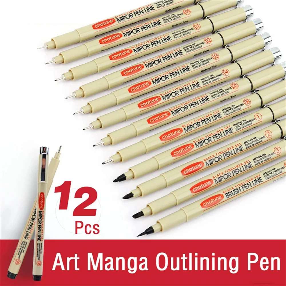 Waterproof Pigment Fineliner Pens Hook Liner Sketch Markers Drawing Art Supplies Manga Comic Black Calligraphy 12pcs