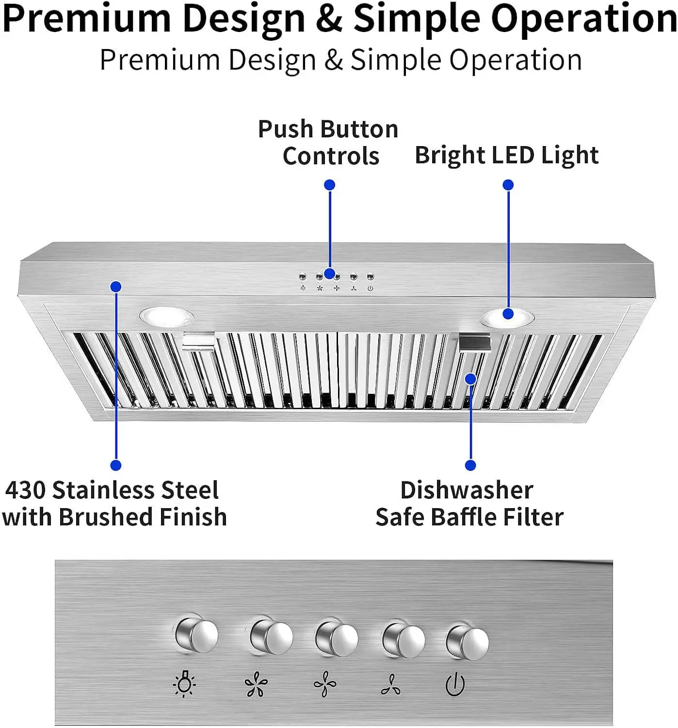 30 Inch with 3 Way Venting,Stainless Steel Range Hood w/Baffle Filters,Ductless Range Hood 500 CFM