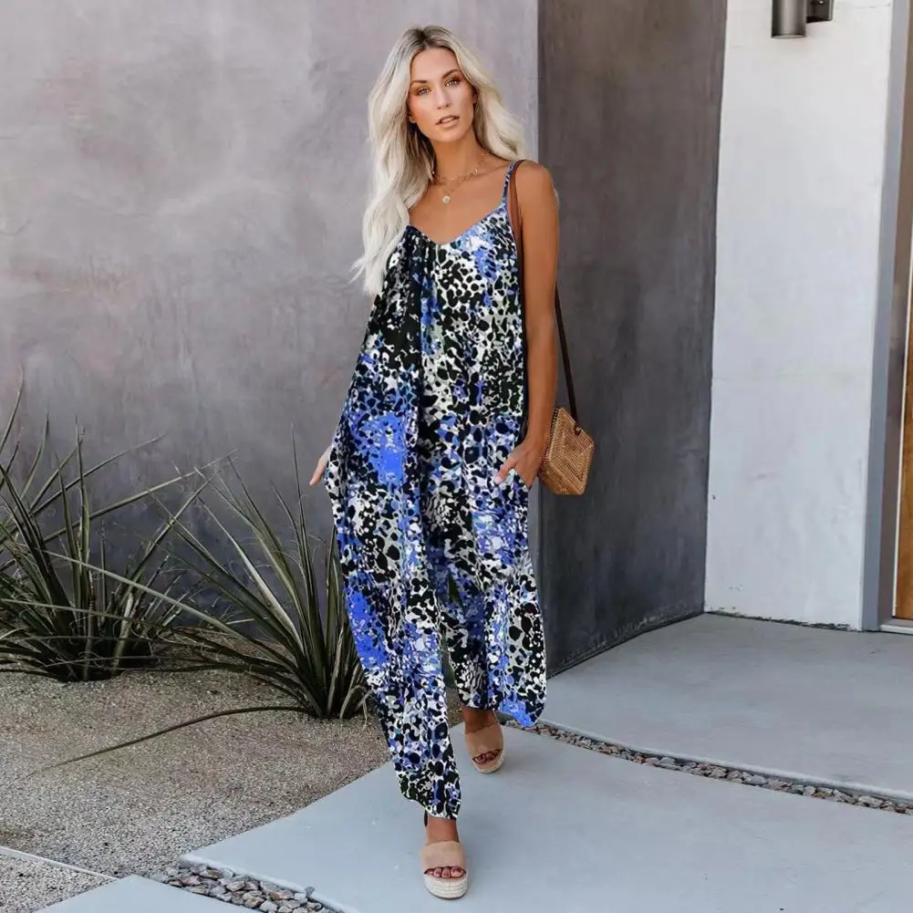 

Casual Jumpsuit Loose Lady Romper Thin Versatile Popular Women Leopard Print Suspender Long Jumpsuit