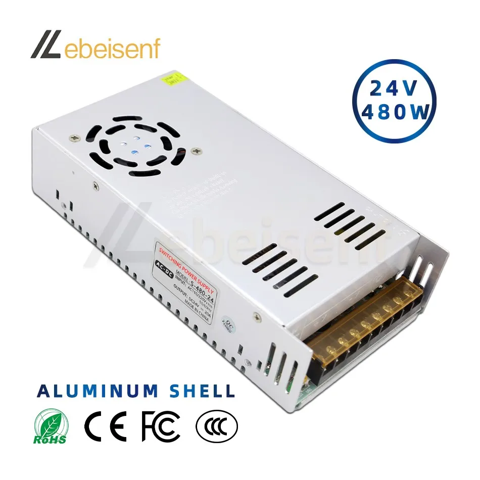 Alumínio Case Voltage Converter ac para dc Transformador Comutação de Alimentação Led Driver Adapter 110v 220v 24v 480w 20a Novo