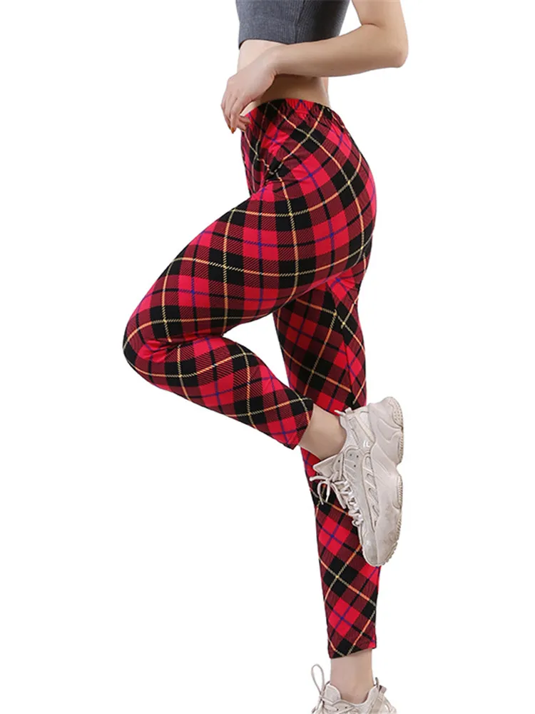 Fashion Women Plaid Printed Yoga Pants Sport High Waisted Leggings Workout  Pants 