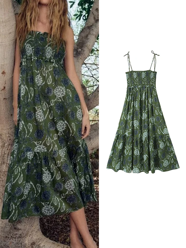 Traf Summer Women Printed Midcalf Camisole Dress 2023 Elegant Bow