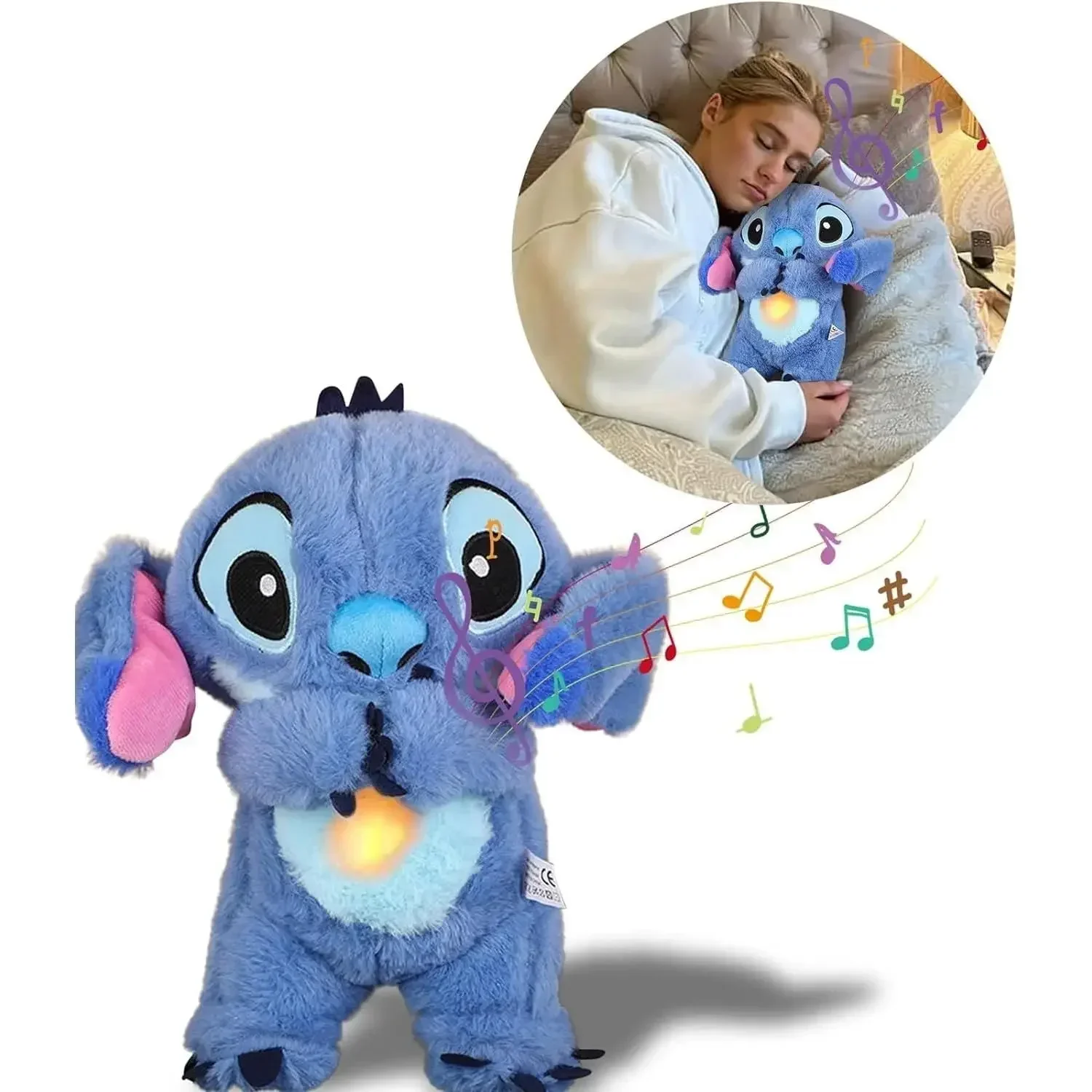 MINISO 30cm Plush Breathing Stitch Doll Soothing Peluche Lilo&Stitch Kawaii Toy Anime Music Light Child Sleep Model Kid Gift