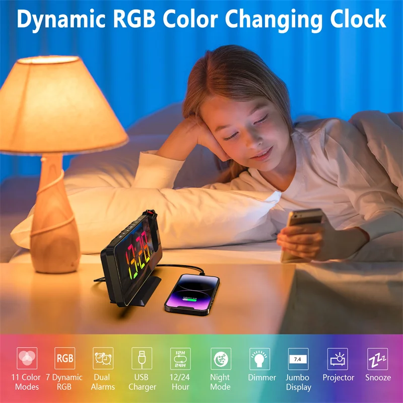 RV Reloj despertador de proyección Digital LED con rotación de 180 °,  proyector de techo electrónico USB, despertador para dormitorio, mesita de  noche, Reloj de escritorio Rojo Verde