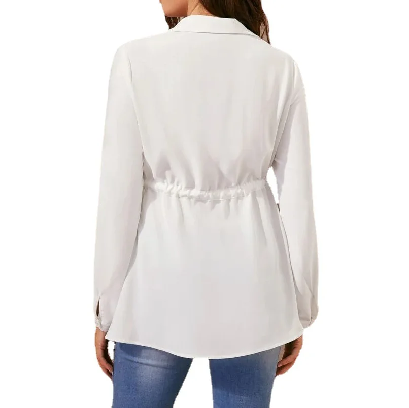 Spring Summer Women's Fashionable Solid Color V-neck Comfortable Long-sleeved High-waisted Casual Breathable Pregnant Shirt 5