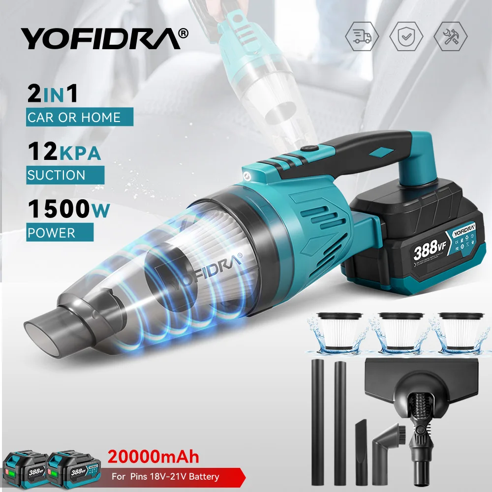 YOFIDRA Electric Vacuum Cleaner 1500W, cordless portable rechargeable household construction cleaning tool compatible with Makita 18V battery pin