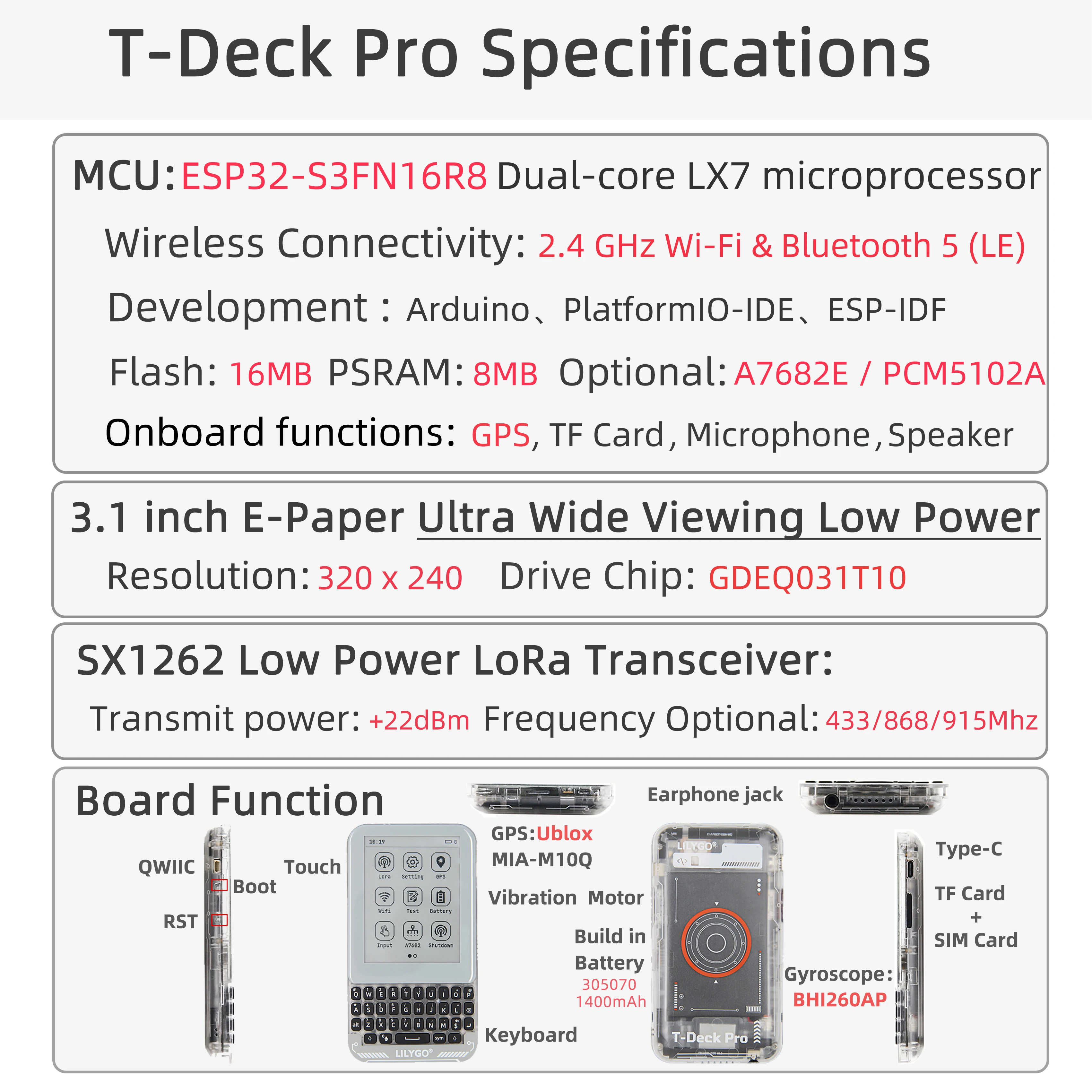 ® T-Deck Pro ESP32-S3 Development Board 4G/PCM5102A/LoRa/GPS E-Paper Touchscreen
