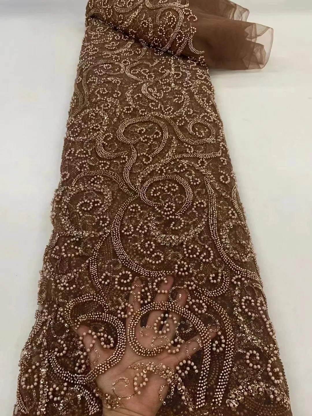 

New Brown Luxury African Sequin Lace Fabric 2023 French Net Sequence 3D Embroidery Nigerian Party Gold Line Material