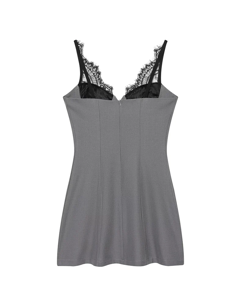 Women Strap Mini Dress Chic Lace Patchwork Sleeveless Sexy Deep V-neck Party Dresses 2026 New Female Slimming Sling Dress