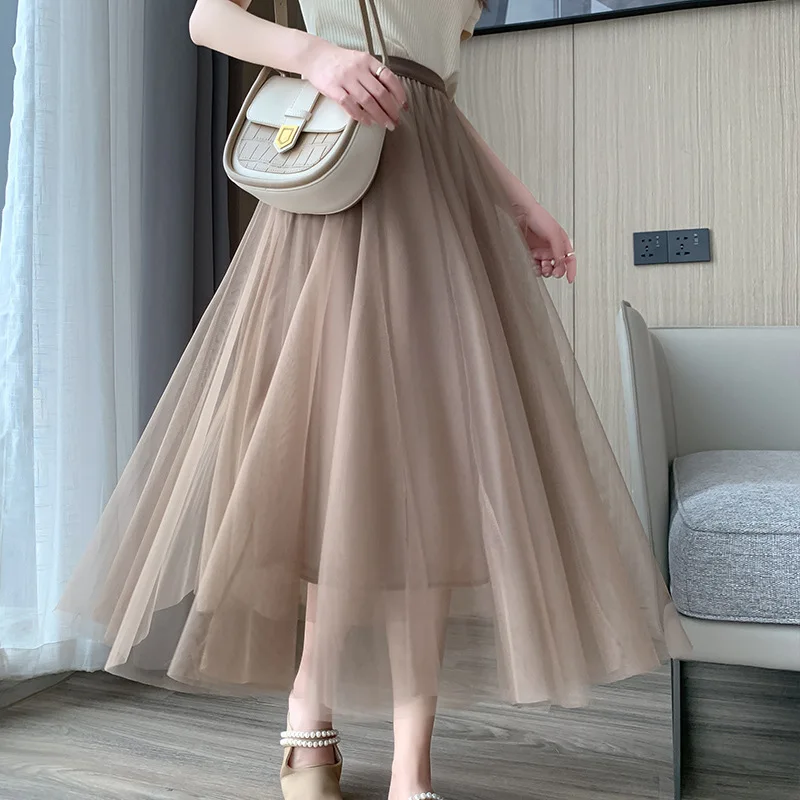 

Midi Tulle Gauze Skirt 2024 New Female Fashion High-waisted Mid-length Elastic Waist A-line Princess Skirt