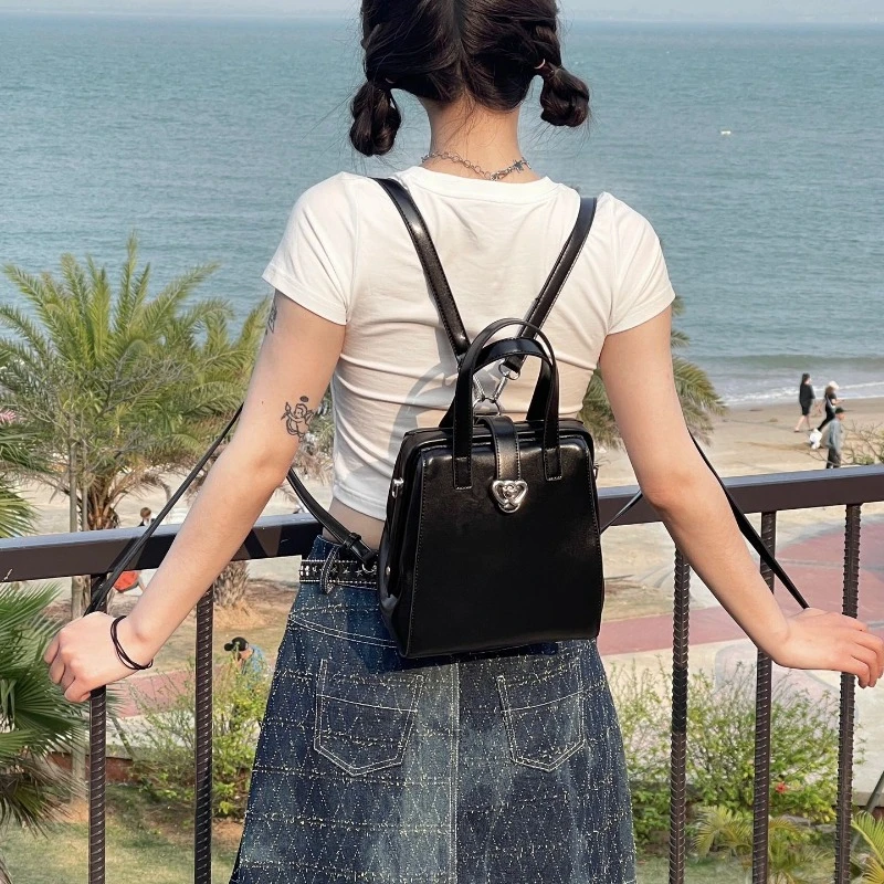 Korean Vintage Chic Preppy Mini Schoolbags Simple Fashion Heart Women Shoulder Handbags Sweet Cool Y2k Aesthetic Girls Backpacks 2