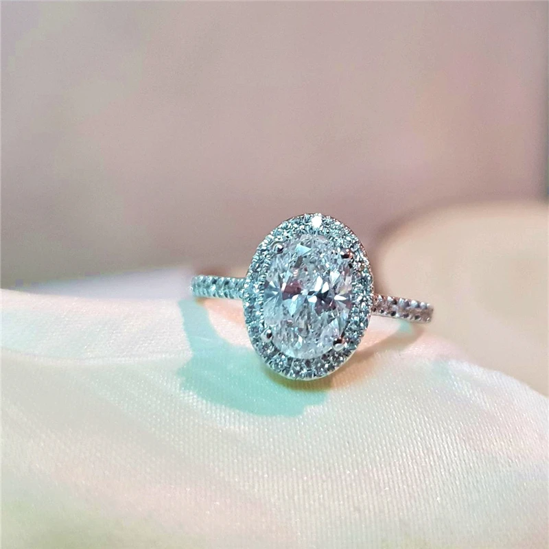 JY Изящные Ювелирные изделия 18K твердое белое золото карат овальное ледяное кольцо с ореолом половинчатое кольцо для женщин обручальное свадебное кольцо
