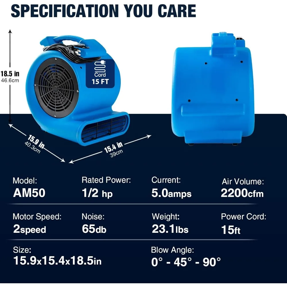 1/2hp Air Mover Floor Drying Blower Fan - Powerful 1/2HP Motor Carpet Dryer, 2200 CFM Air Flow, Lightweight Design, 2-Speed 3