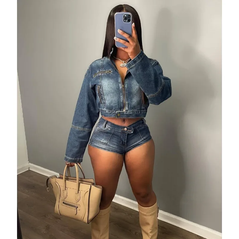 Women Vintage Hipster Denim 2 Piece Set Fashion Zippers Buttons Short Jacket High Waist Skinny Shorts Casual Streetwear Outfits plus velvet thick jeans women fall winter vintage double buttons high waist wide leg loose jeans y2k korean thermal denim pants