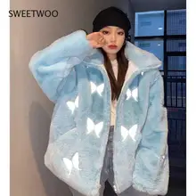

2022 Winter Faux Fur Coat Women's Plush Reflective Butterfly Imitation Coat Hip-Hop Casual Loose Coat Women's Thick Top