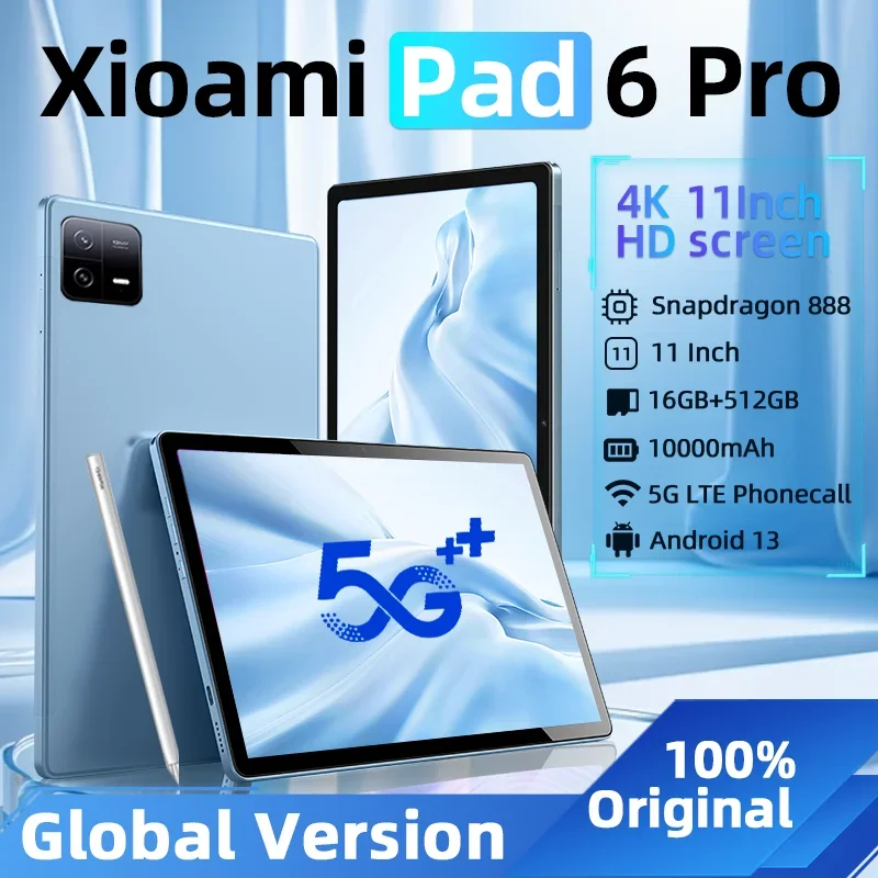 

Original Global Pad 6Pro 11inch HD 4K Tablets PC Snapdragon888 Android13 16GB+1TB 5G Tablets Dual SIM Card WIFI Mi Tab