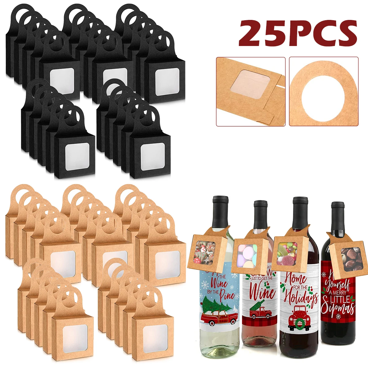 25pcs Kraft Wine Bottle Box with Window Foldable Wine Hanging Boxes Mini Party Gift Box Weddimg